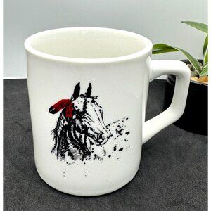 Vintage Ceramic Mug With Black Horse Red Feather Detail